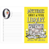 Cover and back of the "Mysteries Await at Your Library" foldable reading log: yellow cover with the English and Spanish titles over a detective evidence board with a skull, candles, and books, and a back page with numbered title blanks 41 to 60 and a book-carrying ghost
