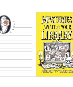 Cover and back of the "Mysteries Await at Your Library" foldable reading log: yellow cover with the English and Spanish titles over a detective evidence board with a skull, candles, and books, and a back page with numbered title blanks 41 to 60 and a book-carrying ghost