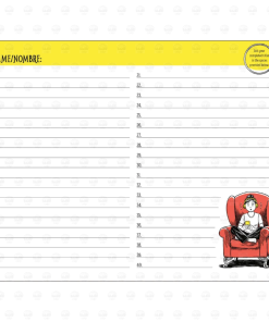 Inside of bilingual reading log with a name line and 40 numbered blanks to list completed book titles, with a kid reading in a red armchair with headphones