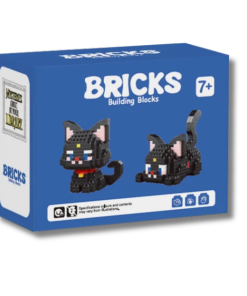 lue BRICKS Building Blocks kit box featuring two views of a black cat constructed from miniature building blocks, with pointed ears, blue eyes, a red collar, and a curled tail. Recommended for ages 7 and up.