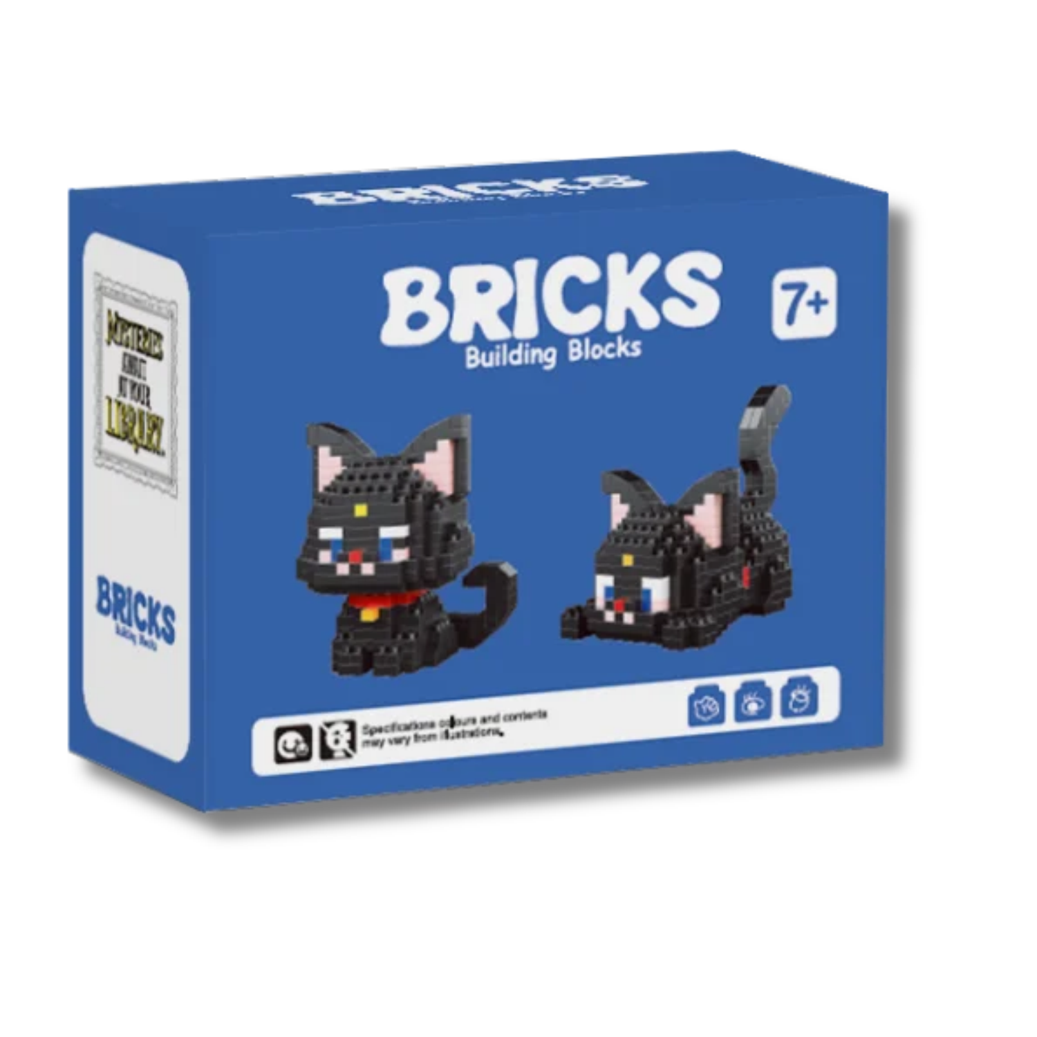lue BRICKS Building Blocks kit box featuring two views of a black cat constructed from miniature building blocks, with pointed ears, blue eyes, a red collar, and a curled tail. Recommended for ages 7 and up.