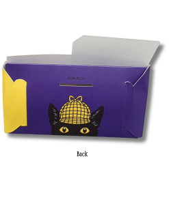 Front and back views of an assemble-it-yourself paper book bank designed to resemble a purple and yellow book. The front features Nibbleton Finch, a mouse holding a skeleton key, with the phrase “Saving for Books Is Key.” The yellow panel encourages saving money for books. The back features a coin slot above Inspector Whiskers, a black cat peeking out in a yellow detective hat.