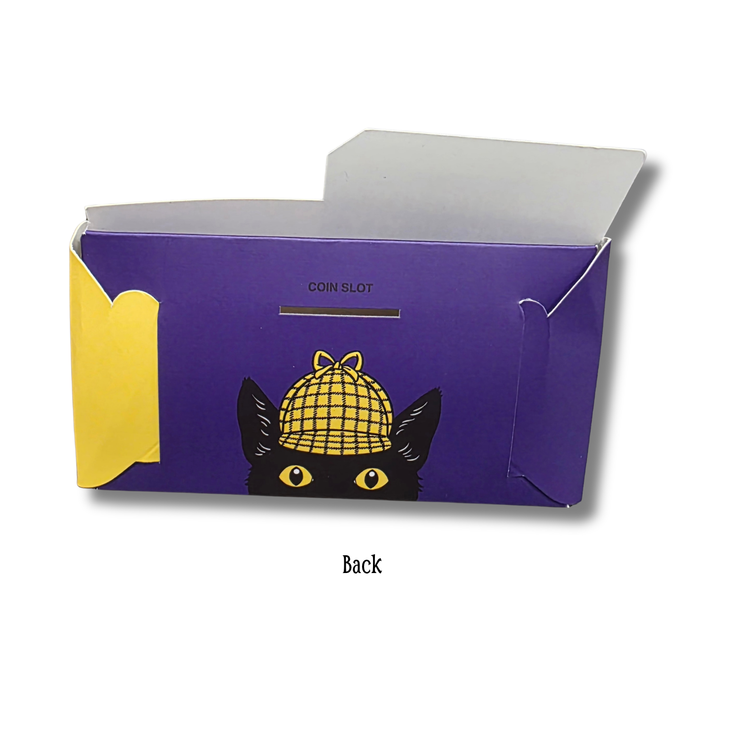 Front and back views of an assemble-it-yourself paper book bank designed to resemble a purple and yellow book. The front features Nibbleton Finch, a mouse holding a skeleton key, with the phrase “Saving for Books Is Key.” The yellow panel encourages saving money for books. The back features a coin slot above Inspector Whiskers, a black cat peeking out in a yellow detective hat.