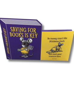Front and back views of an assemble-it-yourself paper book bank designed to resemble a purple and yellow book. The front features Nibbleton Finch, a mouse holding a skeleton key, with the phrase “Saving for Books Is Key.” The yellow panel encourages saving money for books. The back features a coin slot above Inspector Whiskers, a black cat peeking out in a yellow detective hat.