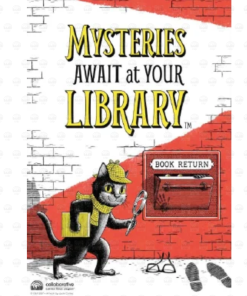 "Mysteries Await at Your Library" poster with a detective cat in a deerstalker cap holding a magnifying glass beside a book return slot, with footprints, a dropped pair of glasses, and a red brick wall