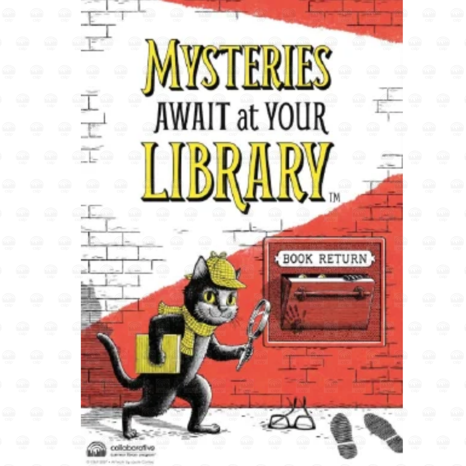 "Mysteries Await at Your Library" poster with a detective cat in a deerstalker cap holding a magnifying glass beside a book return slot, with footprints, a dropped pair of glasses, and a red brick wall