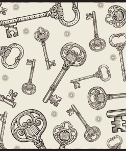 Scarf with a vintage-style pattern of ornate antique keys, several with open-book designs, in dark line art on a cream background