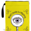 Yellow zippered pouch with a wrist strap reading "What's Inside is a Mystery" over a large eye seen through a magnifying glass