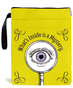 Yellow zippered pouch with a wrist strap reading "What's Inside is a Mystery" over a large eye seen through a magnifying glass