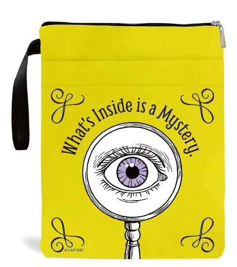 Yellow zippered pouch with a wrist strap reading "What's Inside is a Mystery" over a large eye seen through a magnifying glass