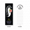 Bookmark notepad featuring Laurie Conley’s friendly ghost wearing glasses and holding colorful books on a black cover with the words “I'm Booooked!” The inside lined pages feature a skull resting on a stack of books beneath the heading “Spine-Chilling Scribbles,” with space for reading notes and reminders.