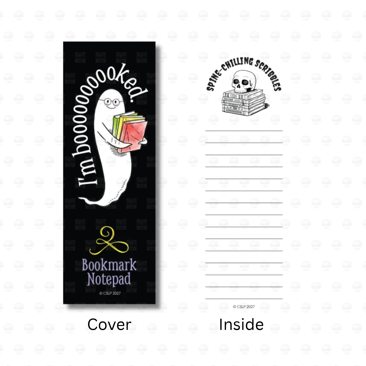Bookmark notepad featuring Laurie Conley’s friendly ghost wearing glasses and holding colorful books on a black cover with the words “I'm Booooked!” The inside lined pages feature a skull resting on a stack of books beneath the heading “Spine-Chilling Scribbles,” with space for reading notes and reminders.