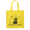 Bright yellow reusable tote bag featuring black illustrations of Inspector Whiskers holding a magnifying glass, surrounded by detective-themed clues.