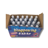 pen cardboard display box containing 24 small bottles of disappearing magic ink with white screw-top caps. The colorful blue and purple packaging features the words “Disappearing Magic Ink.”
