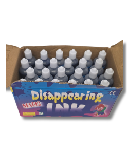 pen cardboard display box containing 24 small bottles of disappearing magic ink with white screw-top caps. The colorful blue and purple packaging features the words “Disappearing Magic Ink.”