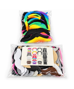 Two clear plastic bulk packages of assorted novelty mustaches in various shapes, sizes, and colors, including black, brown, gray, white, pink, and rainbow. One package features brightly colored mustaches, while the larger package includes a display card showing the variety of mustache styles available.