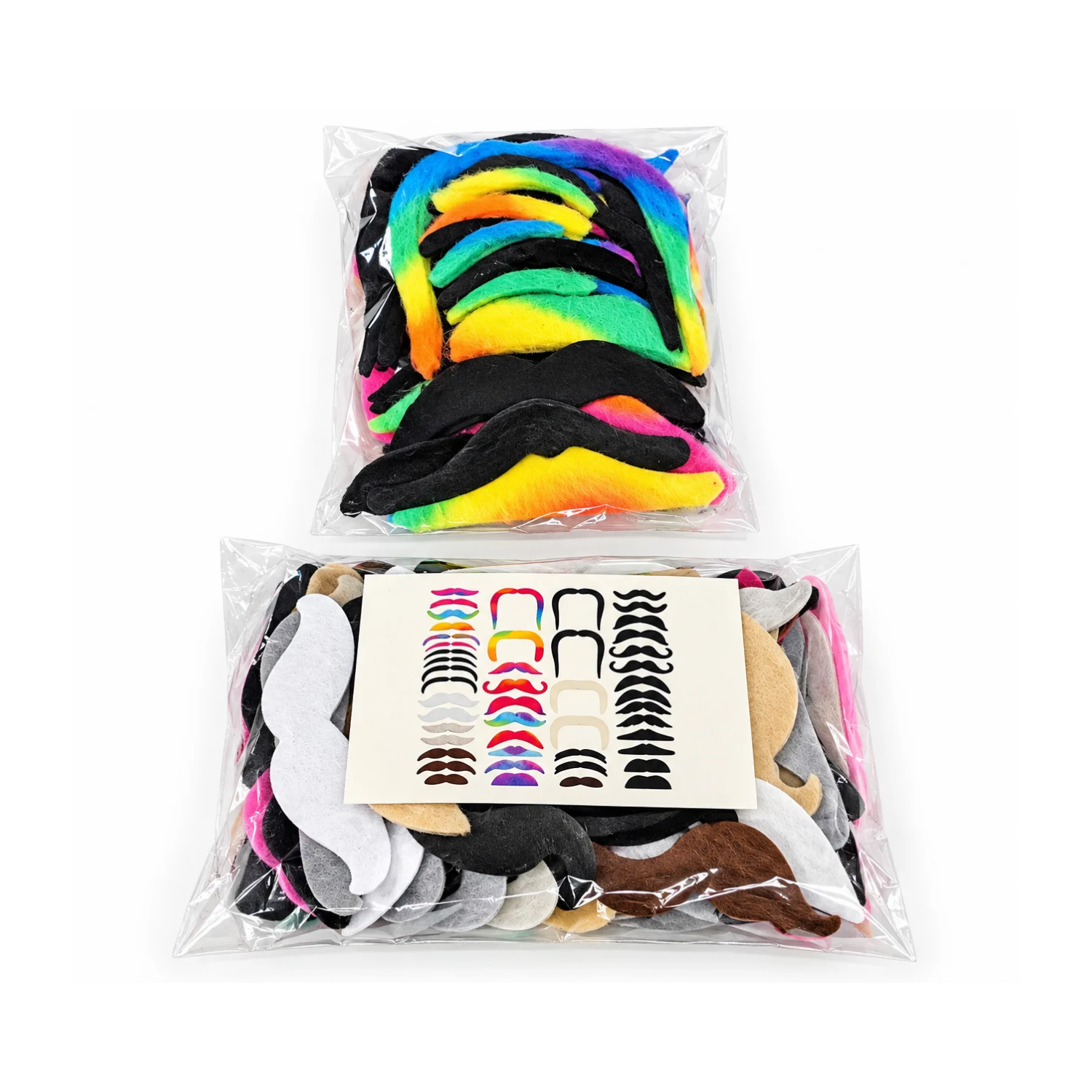 Two clear plastic bulk packages of assorted novelty mustaches in various shapes, sizes, and colors, including black, brown, gray, white, pink, and rainbow. One package features brightly colored mustaches, while the larger package includes a display card showing the variety of mustache styles available.
