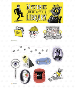 Mysteries Await at Your Library bulletin board decorator set featuring Laurie Conley’s whimsical mystery-themed illustrations. Includes a bright yellow title banner with Inspector Whiskers and a sneaky book thief, plus assorted cutouts featuring Nibbleton Finch, a detective skull, a book-loving ghost, skeleton keys, a secret file, a magnifying glass, a mysterious eye, paw prints, a clue board, and other detective-inspired imagery.