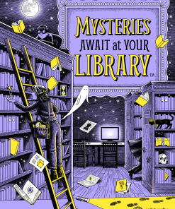 Illustrated Mysteries Await at Your Library poster in purple, black, and yellow, featuring a mysterious library filled with floating books, a friendly ghost, a black cat, hidden clues, and a shadowy creature. A person searches the bookshelves from a ladder beneath a starry sky and full moon. Artwork by Laurie Conley for CSLP's 2027 summer reading program.