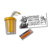 Create-your-own Mysteries Await at Your Library cup kit featuring a clear plastic cup with yellow lid and flexible straw, a black-and-white coloring insert with Inspector Whiskers and a mouse detective, and assorted colorful markers, displayed against a white background.