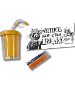 Create-your-own Mysteries Await at Your Library cup kit featuring a clear plastic cup with yellow lid and flexible straw, a black-and-white coloring insert with Inspector Whiskers and a mouse detective, and assorted colorful markers, displayed against a white background.