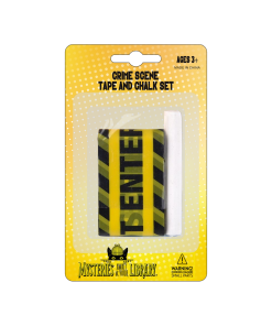 Crime Scene Tape and Chalk Set in yellow Mysteries Await at Your Library packaging featuring Inspector Whiskers. Includes a roll of yellow-and-black crime scene tape and one stick of white chalk. Labeled for ages 3 and up with a small parts choking hazard warning.