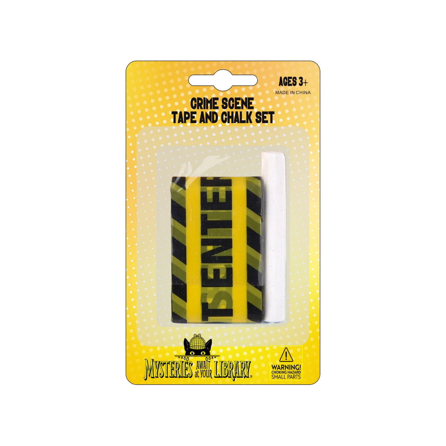 Crime Scene Tape and Chalk Set in yellow Mysteries Await at Your Library packaging featuring Inspector Whiskers. Includes a roll of yellow-and-black crime scene tape and one stick of white chalk. Labeled for ages 3 and up with a small parts choking hazard warning.