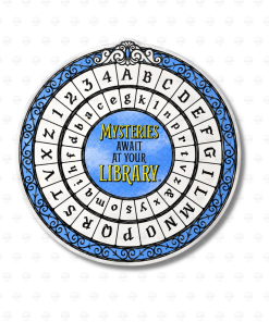 Round Mysteries Await at Your Library coaster featuring a blue-and-white cipher wheel design with concentric rings of black letters and numbers, decorative blue scrollwork around the edge, and the summer reading slogan in yellow and black lettering at the center.