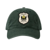Dark forest green dad cap featuring a shield-shaped “Official Library Detective” patch with Inspector Whiskers, a black cat with yellow eyes wearing a detective hat.