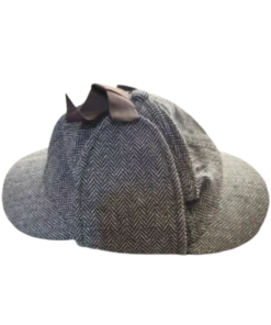 Classic Sherlock Holmes-style deerstalker detective hat featuring gray and black herringbone-patterned fabric, front and back brims, ear flaps, and a dark brown bow tied at the top. Shown against a white background.