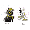 Die-cut "Mysteries Await at Your Library" bookmark, 3 by 3.5 inches, with a detective cat holding a magnifying glass on the front and a burglar, ghost, and mouse with the title on the back