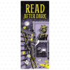 Vertical Read After Dark door wrap featuring Laurie Conley’s mystery-themed library illustration in purple, black, and yellow. Bold yellow lettering appears above a moonlit library scene with Inspector Whiskers holding a magnifying glass, towering bookshelves, a yellow ladder, floating books, a friendly ghost, and mysterious footprints illuminated by a flashlight beam.