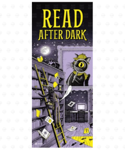 Vertical Read After Dark door wrap featuring Laurie Conley’s mystery-themed library illustration in purple, black, and yellow. Bold yellow lettering appears above a moonlit library scene with Inspector Whiskers holding a magnifying glass, towering bookshelves, a yellow ladder, floating books, a friendly ghost, and mysterious footprints illuminated by a flashlight beam.