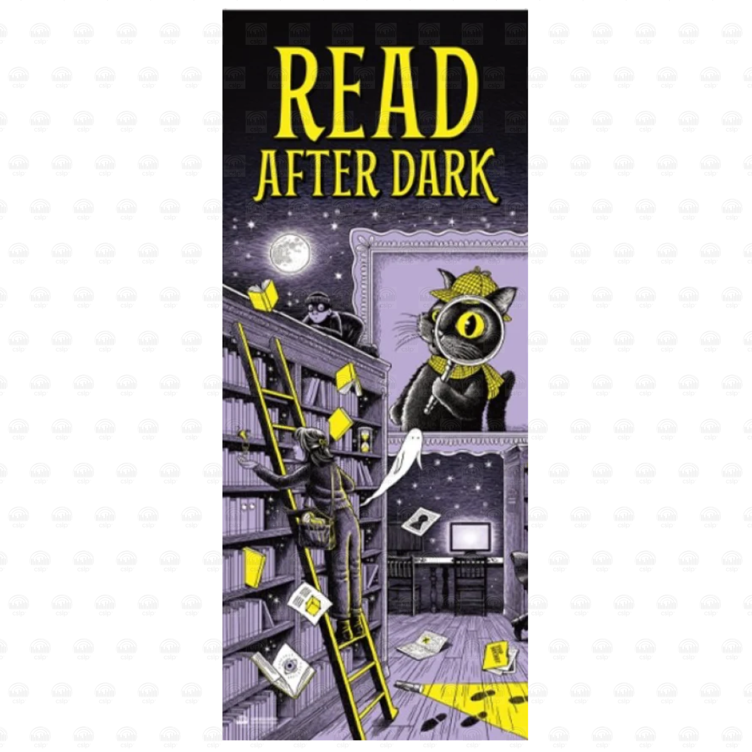 Vertical Read After Dark door wrap featuring Laurie Conley’s mystery-themed library illustration in purple, black, and yellow. Bold yellow lettering appears above a moonlit library scene with Inspector Whiskers holding a magnifying glass, towering bookshelves, a yellow ladder, floating books, a friendly ghost, and mysterious footprints illuminated by a flashlight beam.
