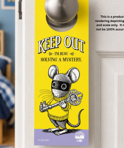 Product rendering of a bright yellow Mysteries Await door hanger hanging from a silver doorknob on a white bedroom door. Featuring Laurie Conley’s Nibbleton Finch, a masked mouse in a yellow sweater holding an ornate skeleton key, with the words “KEEP OUT — I'M BUSY SOLVING A MYSTERY.” A child’s bedroom with blue star-patterned bedding, books, and a teddy bear is softly blurred in the background.