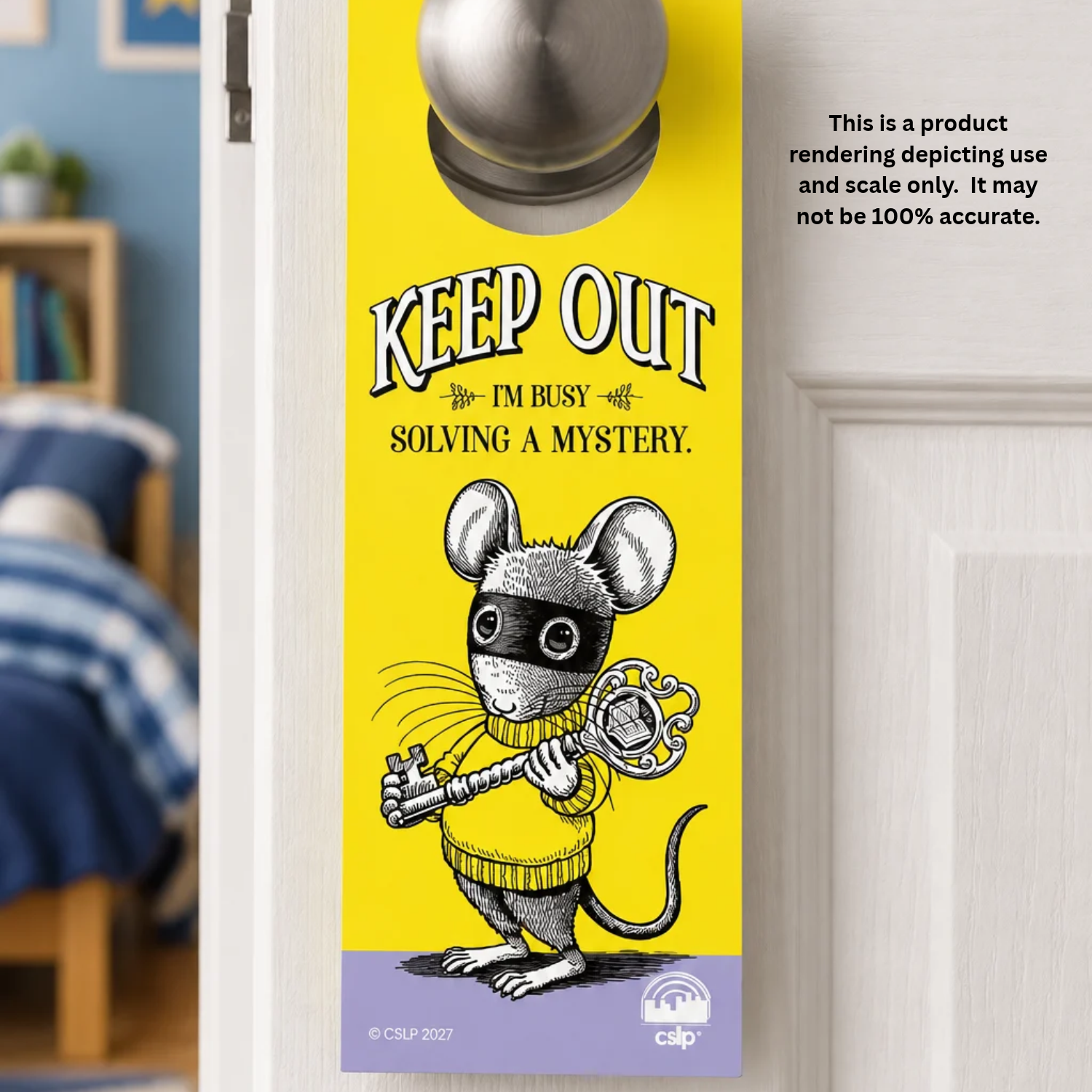 Product rendering of a bright yellow Mysteries Await door hanger hanging from a silver doorknob on a white bedroom door. Featuring Laurie Conley’s Nibbleton Finch, a masked mouse in a yellow sweater holding an ornate skeleton key, with the words “KEEP OUT — I'M BUSY SOLVING A MYSTERY.” A child’s bedroom with blue star-patterned bedding, books, and a teddy bear is softly blurred in the background.