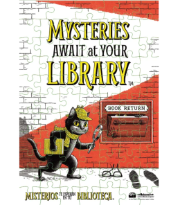 "Mysteries Await at Your Library" jigsaw puzzle with "Misterios Te Esperan En Tu Biblioteca" at the bottom, showing a detective cat with a magnifying glass at a book return slot on a red brick wall