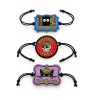 Three embroidered Mysteries Await adjustable wristbands with black cord straps on a white background. Designs include a blue “I’m Booo-ked” bookshelf with eyes, a red “Mysteries Await” detective skull, and a purple “I’m on the Case” featuring Inspector Whiskers in a yellow detective hat.