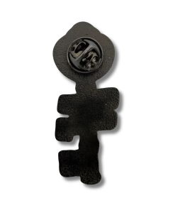 Back view of the Books Hold the Key skeleton key-shaped enamel pin, featuring a textured black metal backing and a circular black butterfly clutch fastener near the top. Shown against a white background.