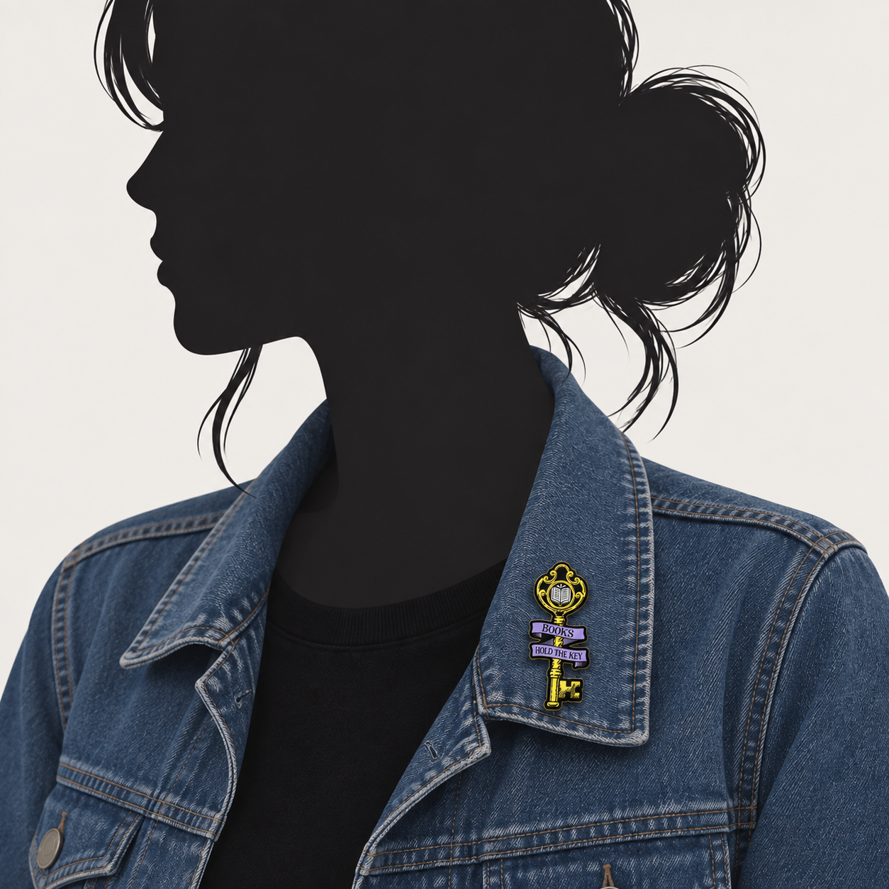 Gold "Books Hold the Key" enamel pin shaped like an ornate key with an open-book design, shown on the collar of a denim jacket