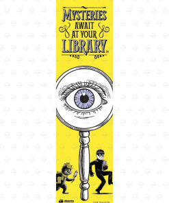 Tall yellow "Mysteries Await at Your Library" banner featuring a large eye seen through a magnifying glass with a detective cat and a burglar below