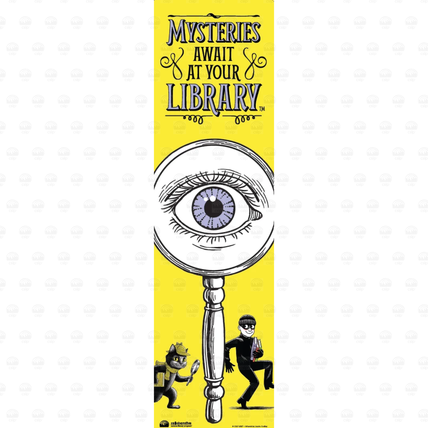 Tall yellow "Mysteries Await at Your Library" banner featuring a large eye seen through a magnifying glass with a detective cat and a burglar below