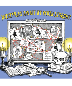 59-by-52-inch Mysteries Await at Your Library polyester fabric backdrop showing a detective evidence board with photos connected by red string, a skull, candles, and books, shown hung on a wall for scale