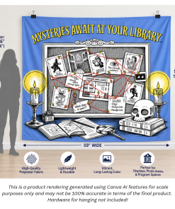 59-by-52-inch Mysteries Await at Your Library polyester fabric backdrop shown hanging with clips beside an adult silhouette for scale, showing a detective evidence board with photos connected by red string, a skull, candles, and books, shown hung on a wall for scale