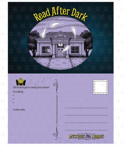 Postcard design for the 2027 Mysteries Await at Your Library summer reading program. The front features a nighttime illustration of a public library surrounded by floating ghosts beneath the yellow words “Read After Dark.” The lavender reverse includes Inspector Whiskers peeking over a reading update section, writing lines, a postage stamp box, and the official summer reading slogan.