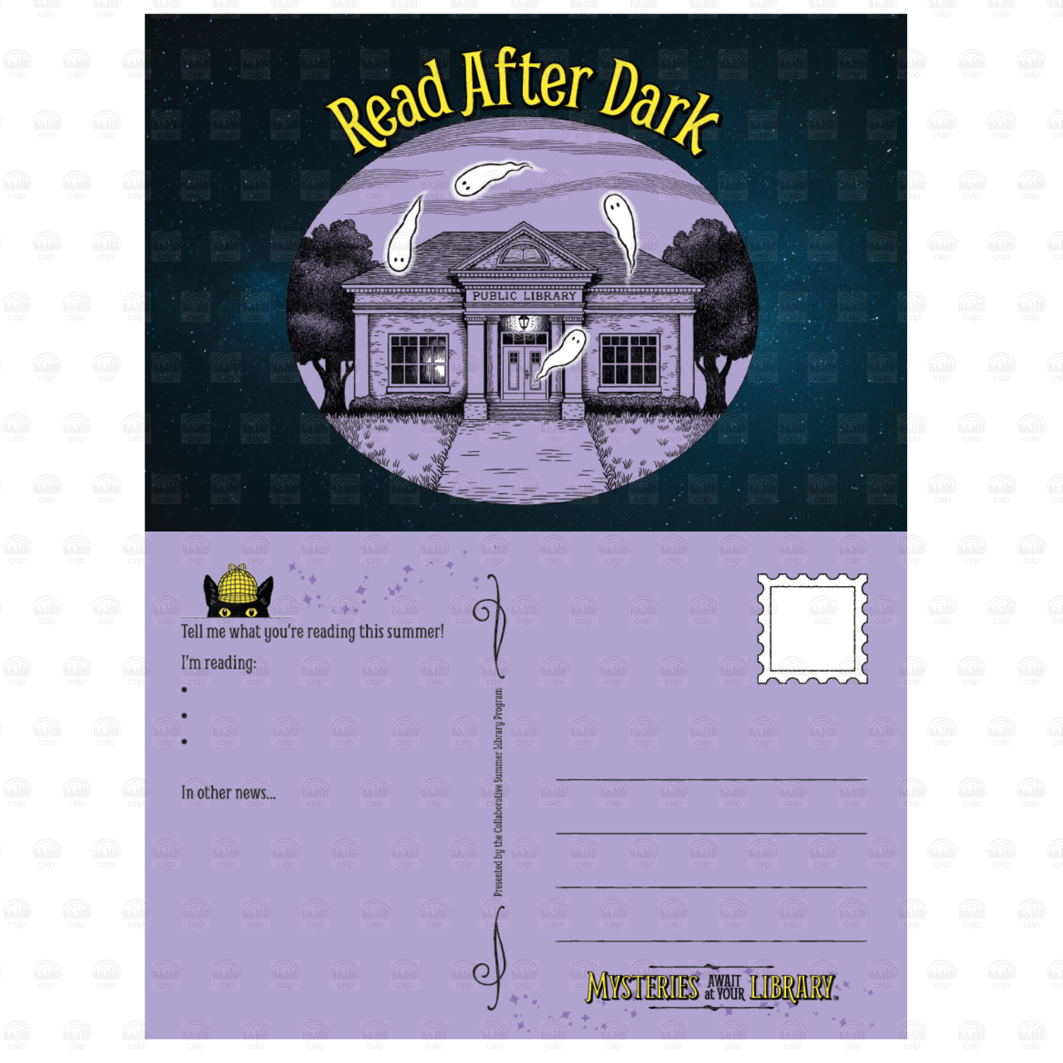 Postcard design for the 2027 Mysteries Await at Your Library summer reading program. The front features a nighttime illustration of a public library surrounded by floating ghosts beneath the yellow words “Read After Dark.” The lavender reverse includes Inspector Whiskers peeking over a reading update section, writing lines, a postage stamp box, and the official summer reading slogan.