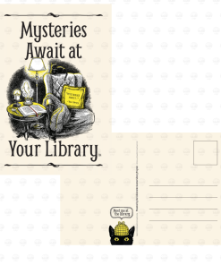 Mysteries Await at Your Library postcard featuring Laurie Conley’s vintage-style illustration of a cozy armchair with a yellow book, reading lamp, candles, and an open book on a side table. Black lettering displays the 2027 summer reading slogan against a cream background. The reverse includes address lines, a postage stamp box, and Inspector Whiskers peeking from the bottom with a speech bubble reading, “Meet me at the library.”