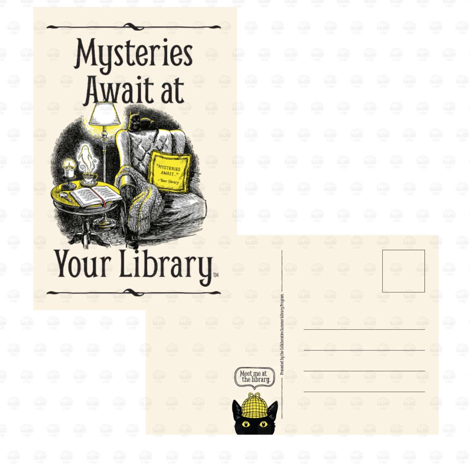 Mysteries Await at Your Library postcard featuring Laurie Conley’s vintage-style illustration of a cozy armchair with a yellow book, reading lamp, candles, and an open book on a side table. Black lettering displays the 2027 summer reading slogan against a cream background. The reverse includes address lines, a postage stamp box, and Inspector Whiskers peeking from the bottom with a speech bubble reading, “Meet me at the library.”