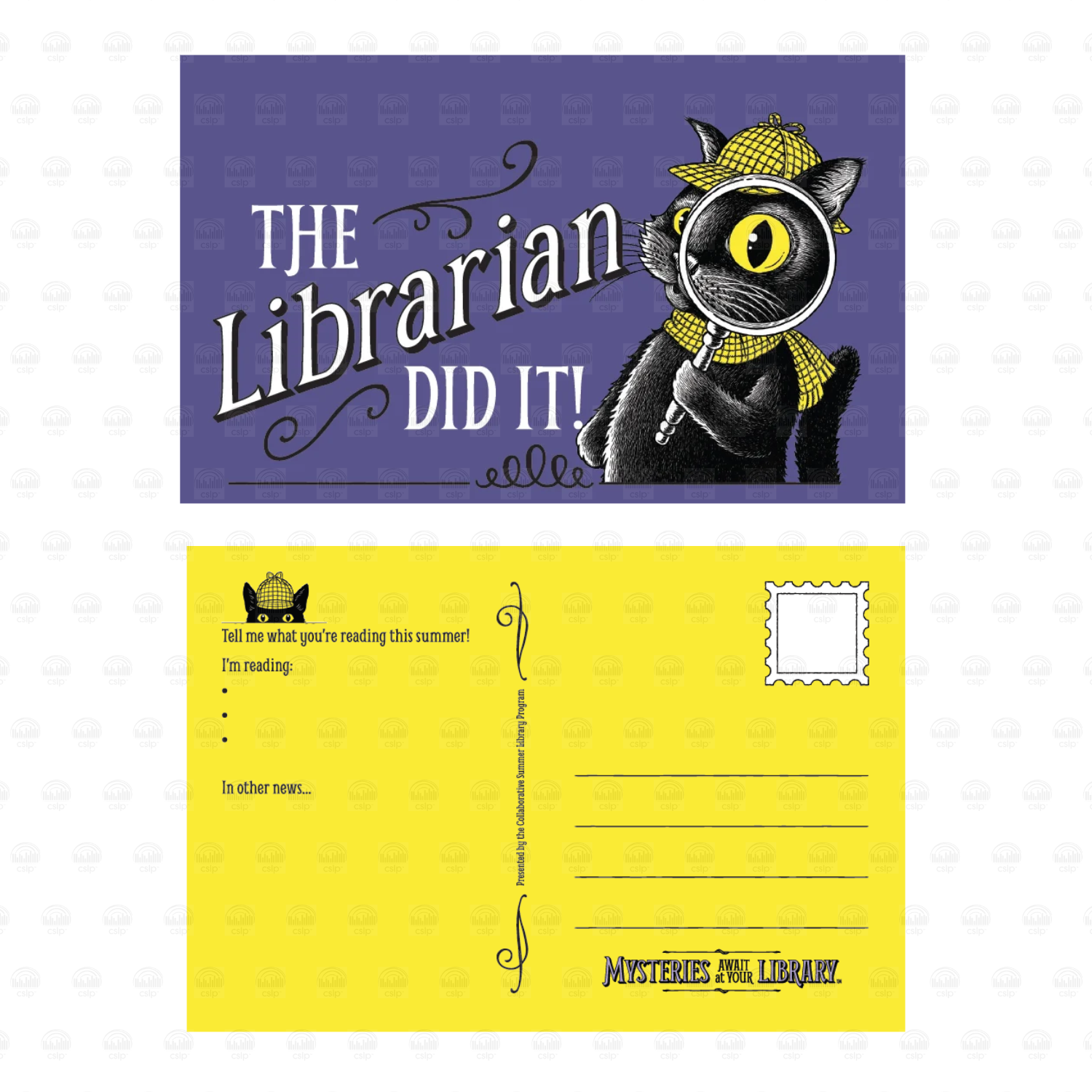 Purple postcard featuring Inspector Whiskers, a black cat detective wearing a yellow checkered hat and scarf, peering through a magnifying glass beside the playful phrase “The Librarian Did It!” The bright yellow reverse includes space to share summer reading updates, address lines, a postage stamp box, and the Mysteries Await at Your Library slogan.