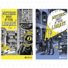 Left flyer: "Mysteries Await at Your Library" poster with a detective cat holding a magnifying glass in a shadowy library full of bookshelves, footprints, and a masked mouse with a key. Right flyer: "Mysteries Await at Your Library" poster with three kids, one using a wheelchair, exploring a dark library with a flashlight beam and scattered books and papers.